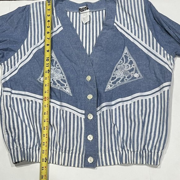 Vintage 80s Blue White Striped Cotton Pearl Button Oversized Jacket Women Medium - Picture 13 of 16